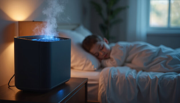 humidifier for bedroom placed on nightstand releasing mist