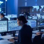 Cyber security jobs professional monitoring network threats on multiple screens"