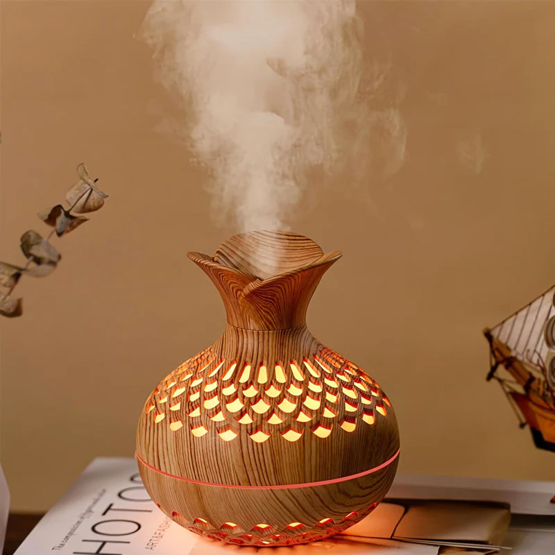 humidifier for bedroom placed on nightstand releasing mist